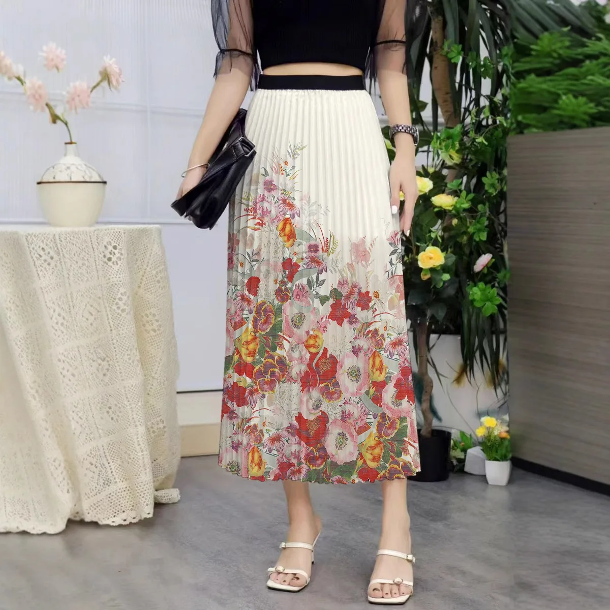 

Cross-Border Mid-Length Printed Pleated Skirt Elastic Waist A-Line Skirt Faionable Women's f Body Skirts Polyester