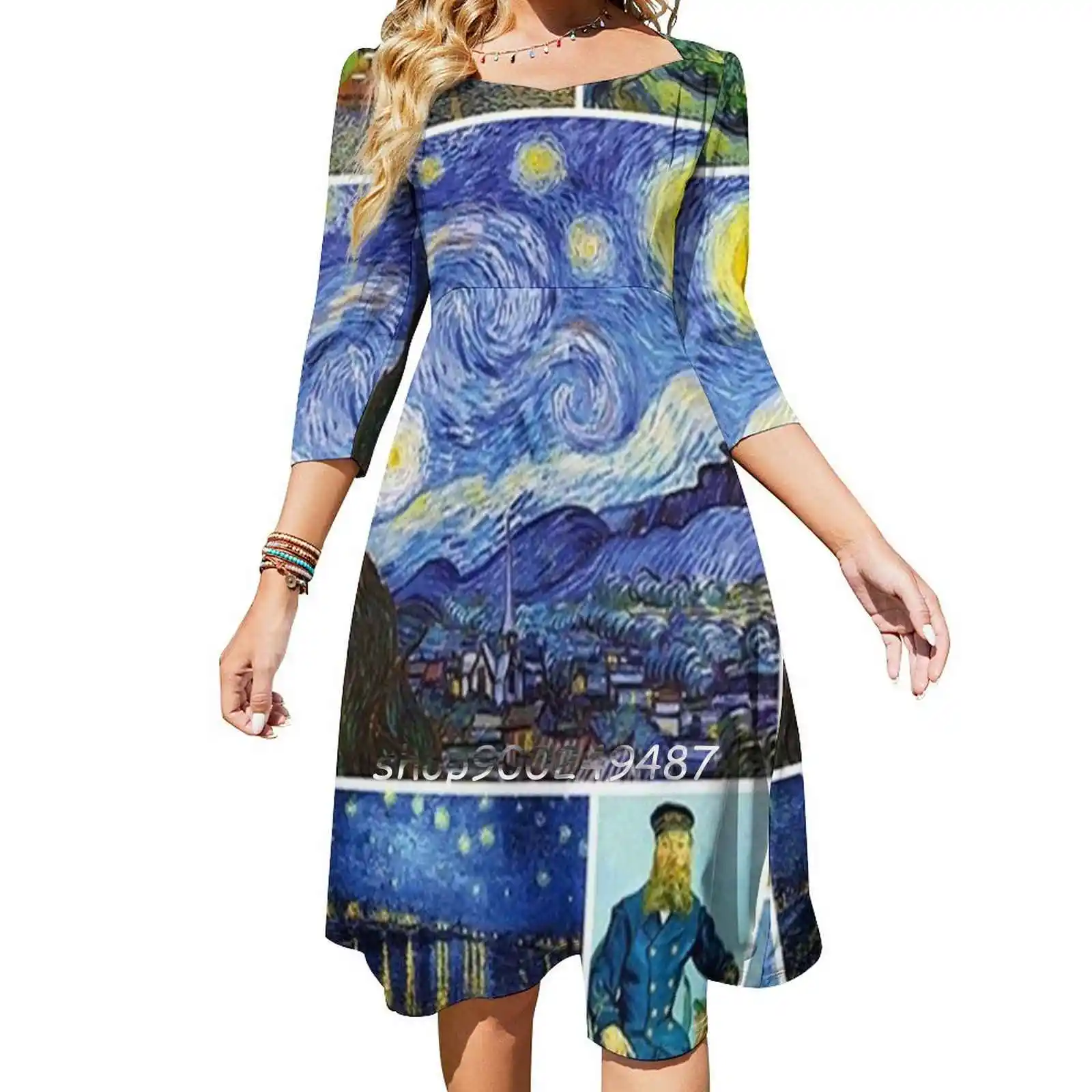 Vincent Van Gogh Collage Flare Dress Short and Long Sleeve Dresses Fashion Printed Dress Vincent Van Gogh Vincent