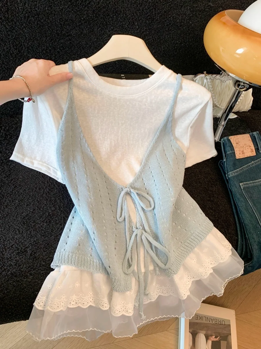 

Синий антивозрастной комплект из жилета и топа, женский летний костюм из двух предметов: красивая кружевная сетчатая юбка и футболка, прямой крой в корейском стиле