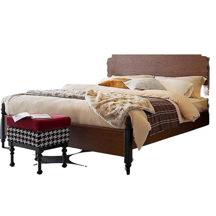 French retro solid wood bed, national style bedroom double bed small apartment, household medieval wedding bed