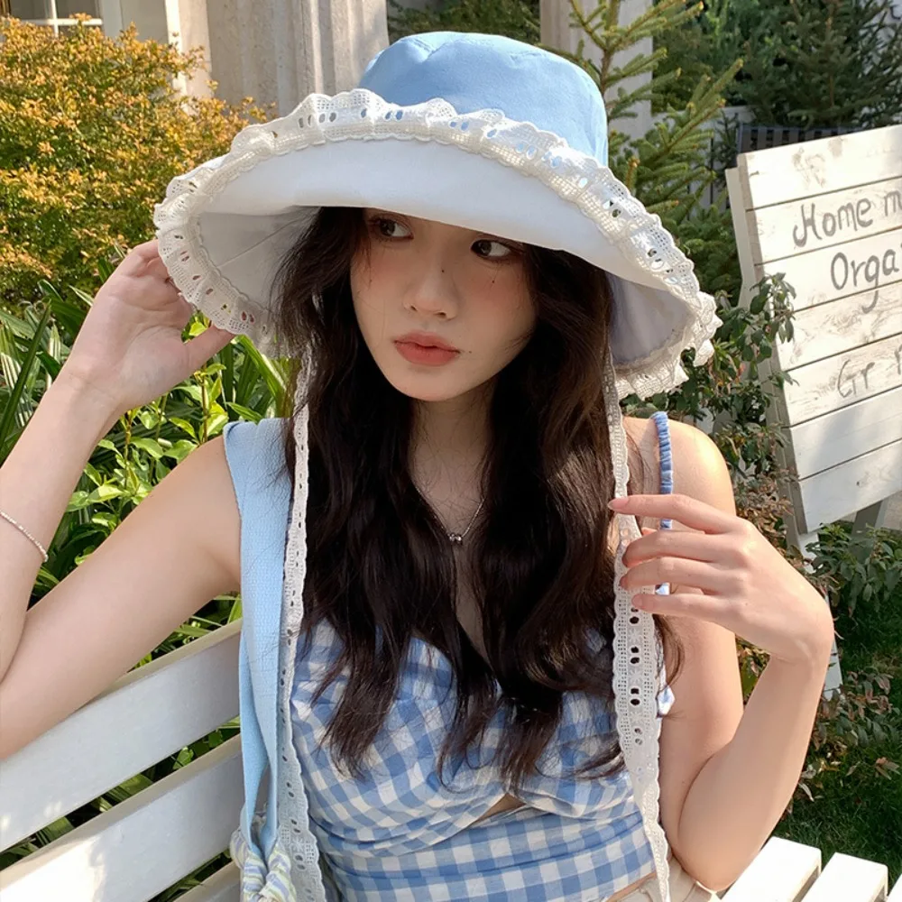 

Fashion Sweet Cowboy Fisherman Hat French Style Foldable Lace Ribbon Hat Beach Big Brim Women's Sun Hat Travel