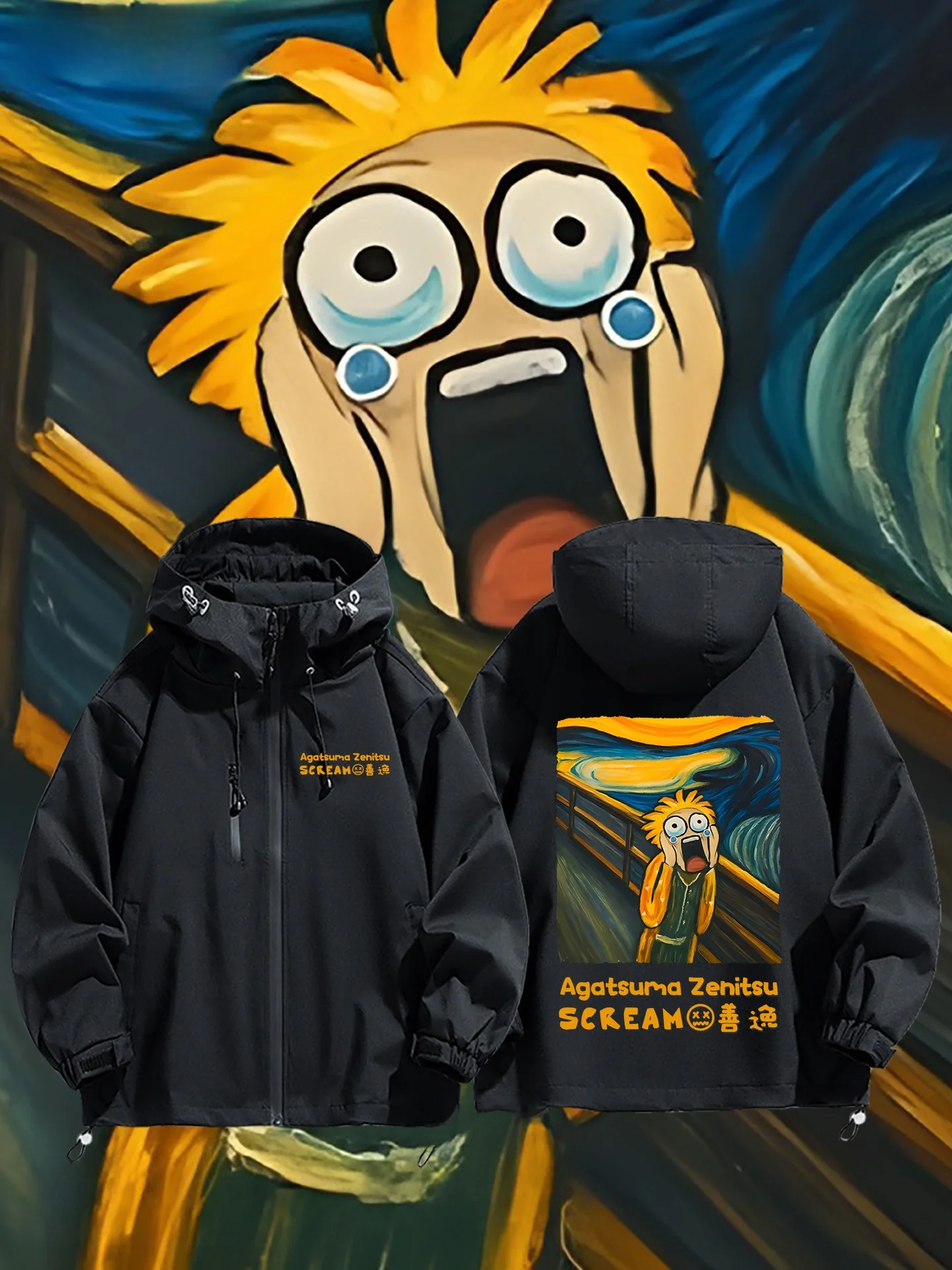 

Casual Men's Ghost Slayer Coat Versatile Autumn Winter Outerwear Quirky Print Windproof Polyester Fabric Hooded Zipper Closure