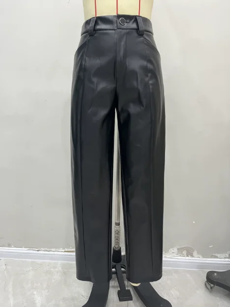 2026 عادية أنيقة مثير الخريف الشتاء جديد عالية الخصر ماتي بولي Leather الجلود مستقيم الساق السراويل النساء الإناث بنطلون قاع غير رسمي #4