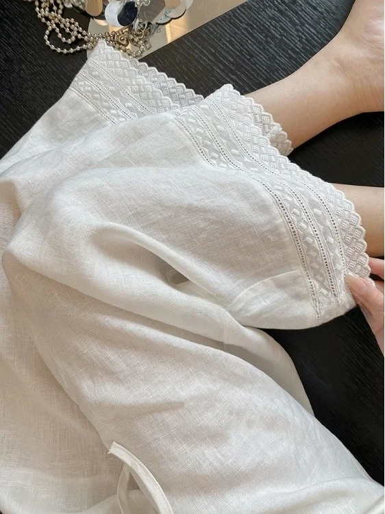 

Белые льняные повседневные брюки с вышивкой и кружевной отделкой для женщин, лето 2026, новые свободные широкие брюки в стиле кэжуал для офиса и отдыха