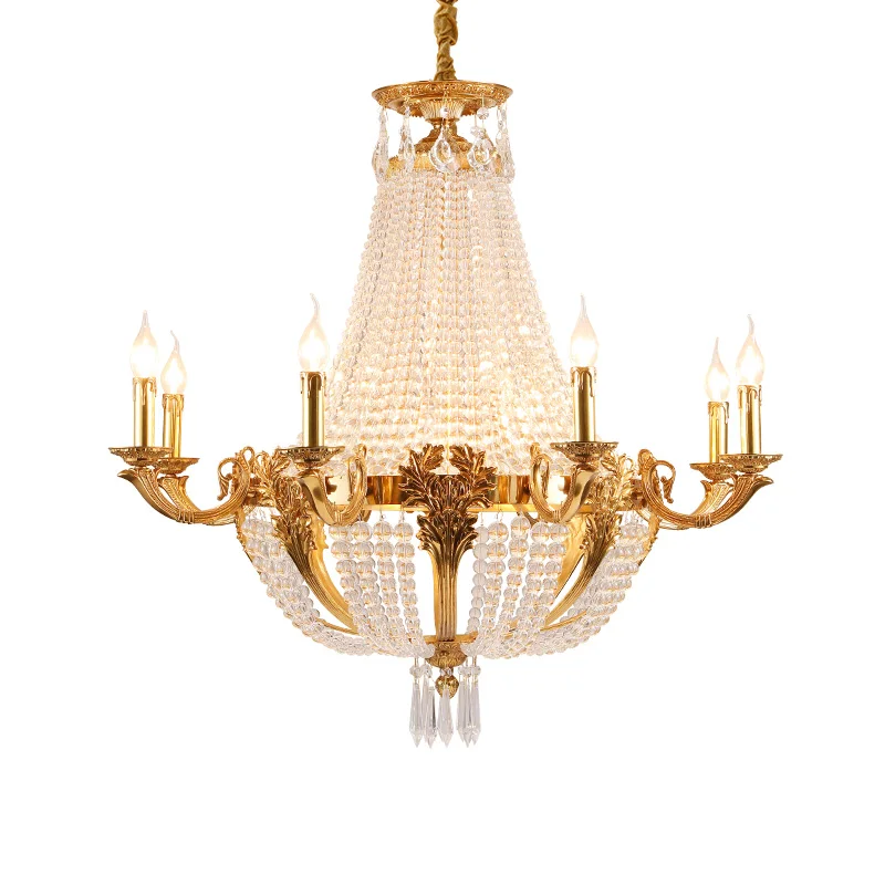 

French Classic Brass Crystal Pendant Lamp Lobby Villa Banquet Hall Chandelier European Copper Luxury Luminaire Light