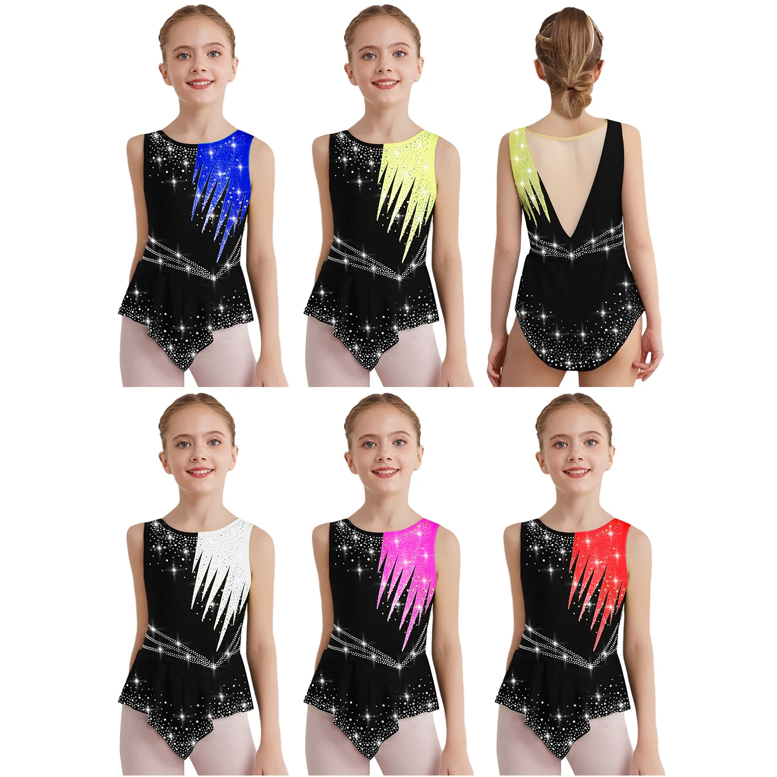 Kids Girls Rhythmic Gymnastics Sleeveless Leotard Shiny Rhinestones Bodysuit Ballet Waltz Latin Competition Performance Costume