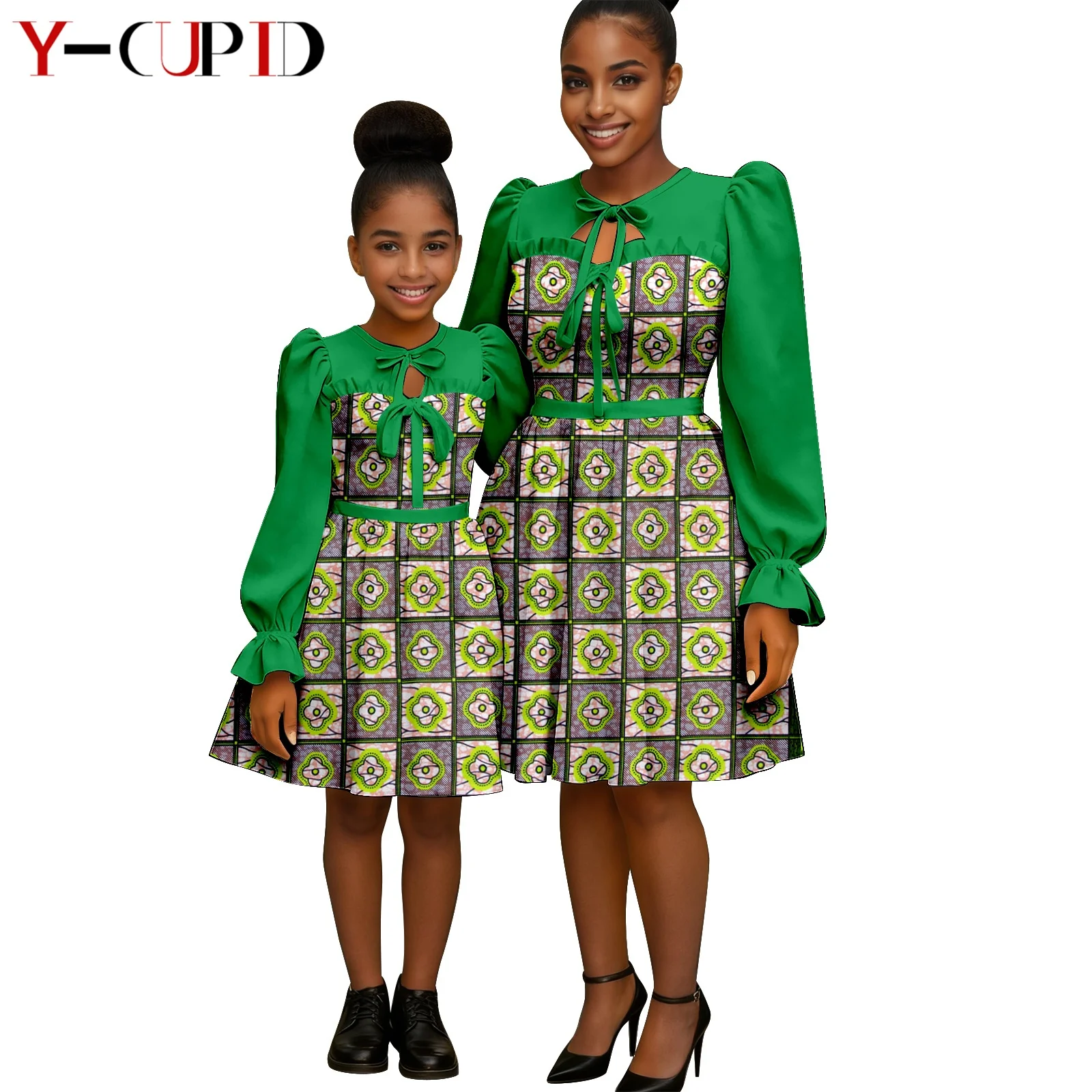 

African Print Bowtie Dresses for Women Match Couple Clothes Baby Dress Family Outfits Dashiki Mother and Daughte Outwear 26F005