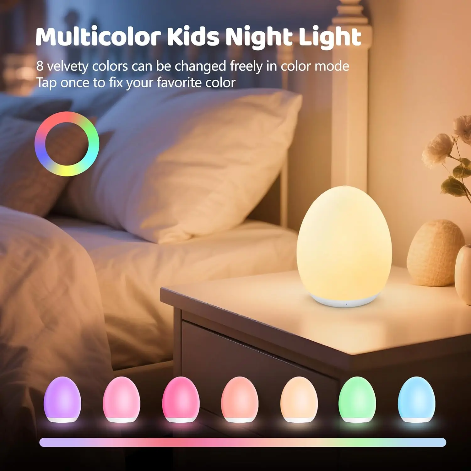 

Kids Night Light Baby Egg Lamp 7 Colors Stepless Dimming Silicone Touch 1H Timer Rechargeable Breastfeeding Nursery Lamp