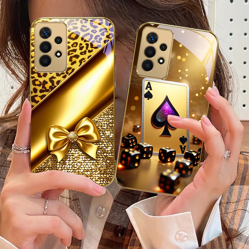 Golden leopard print bow For Samsung A 01 52S A04 A05S 10 12 13 22 23 24 36 42 M02 Note 10 20Ultra 8 9 Golden glass phone case