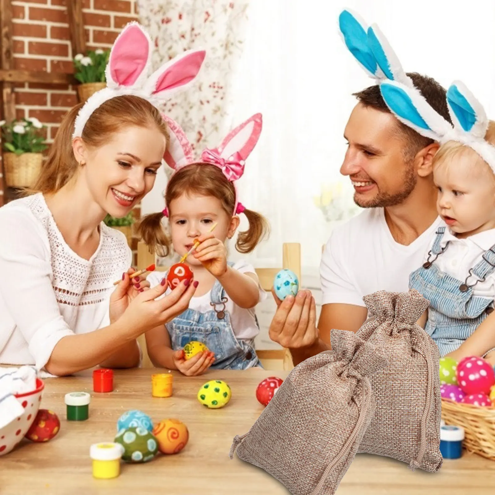 

Набор из 10 пасхальных льняных мешочков на шнурке, многоразовые, легкие, для конфет и подарков, с 10 пасхальными наклейками