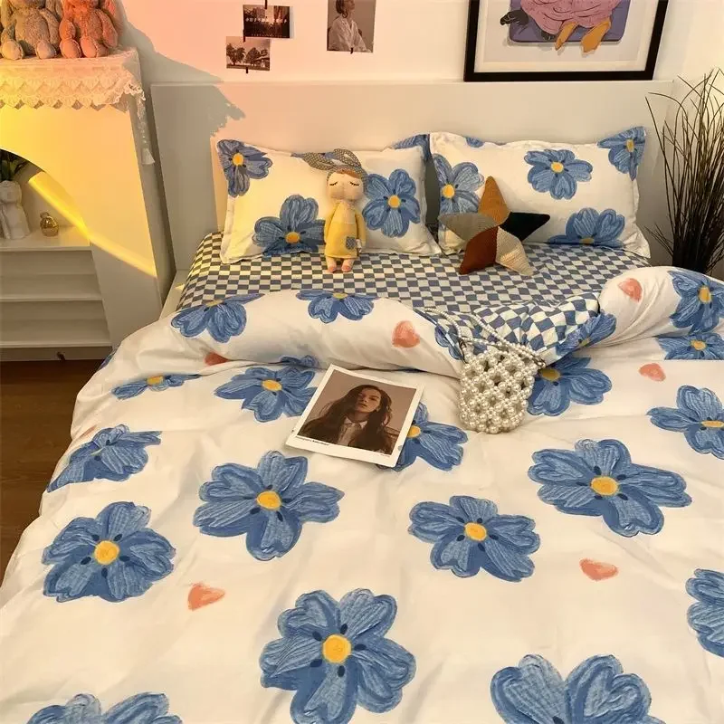 Imagem -06 - Conjunto de Cama de Flores Rosa para Meninos e Meninas Folha Plana Capa de Edredão sem Enchimento Fronha Gêmeo Completo Rainha Nórdico Linho Ins