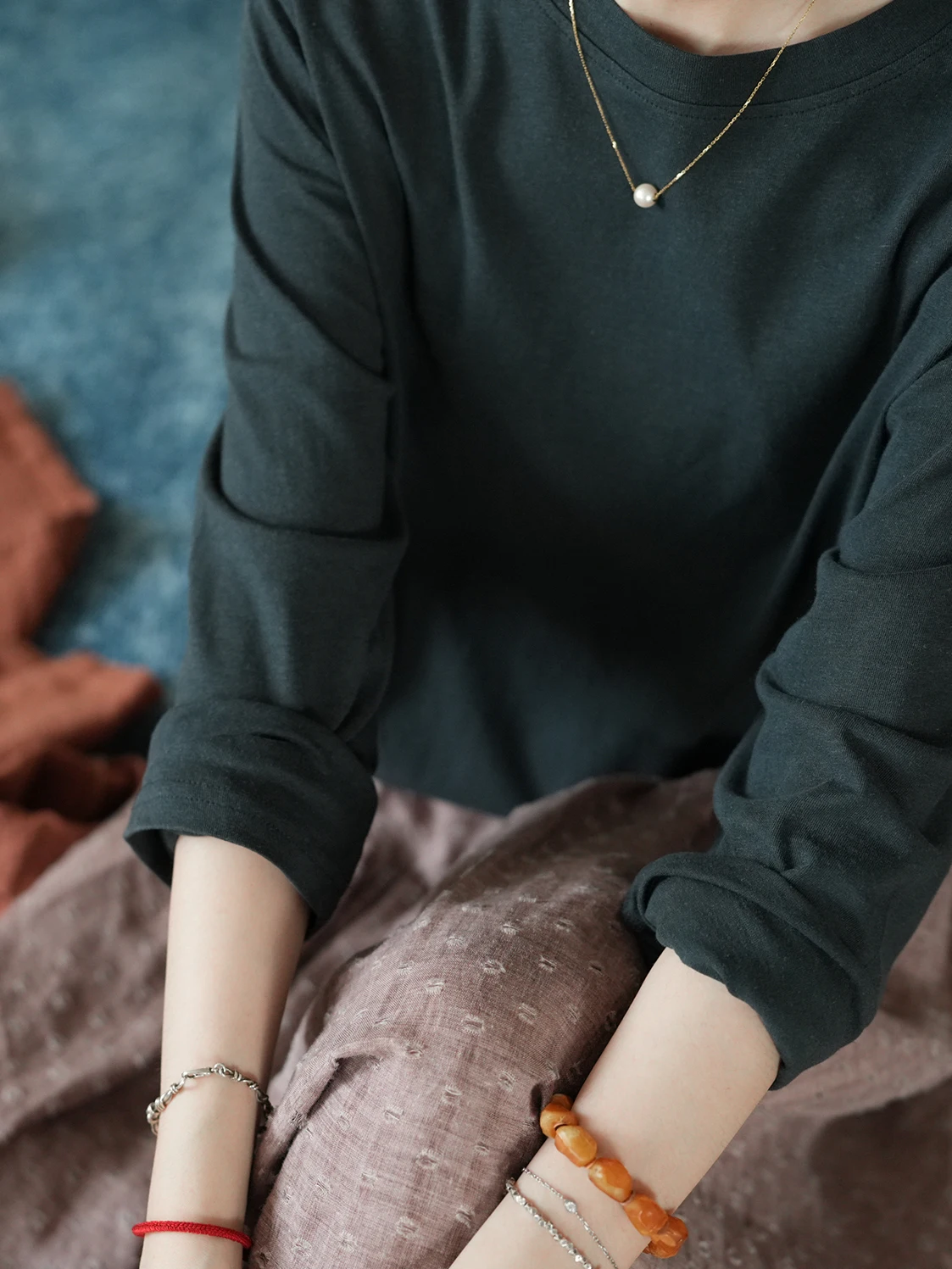 

LRCP Two-Persons round Ne Cotton Linen Long Sve T-irt Artistic Commute Sle Loose Fit Autumn Season Ladies Top