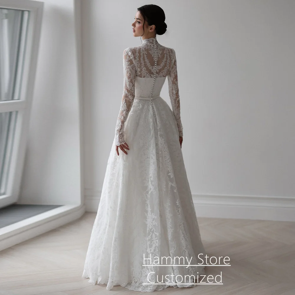 New Arrival Wedding Dress Customized Elegant High Neck Long Sleeves Lace A Line Arabian Bridal Gown Vestido De Noiva