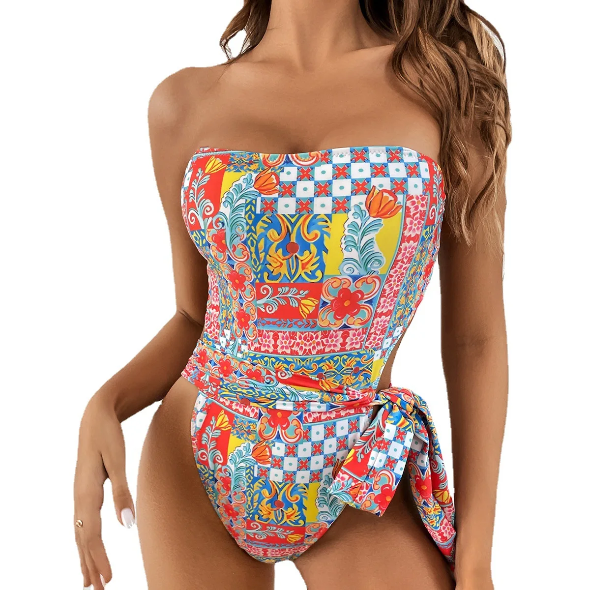 

2024 Print One Piece Swimsuit Vintage Swimwear Women Bandeau Bathing Swimming Suit Female Summer Beachwear Tie Waist Bodysuit