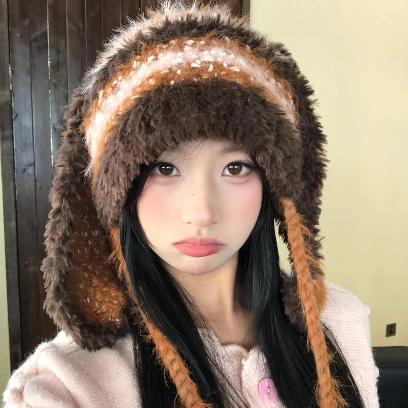 جديد Y2K مضحك آذان أرنب أفخم بيني للنساء الخريف الشتاء الدافئة تنوعا المتناقضة اللون مخطط بلوفر مغزول القبعات