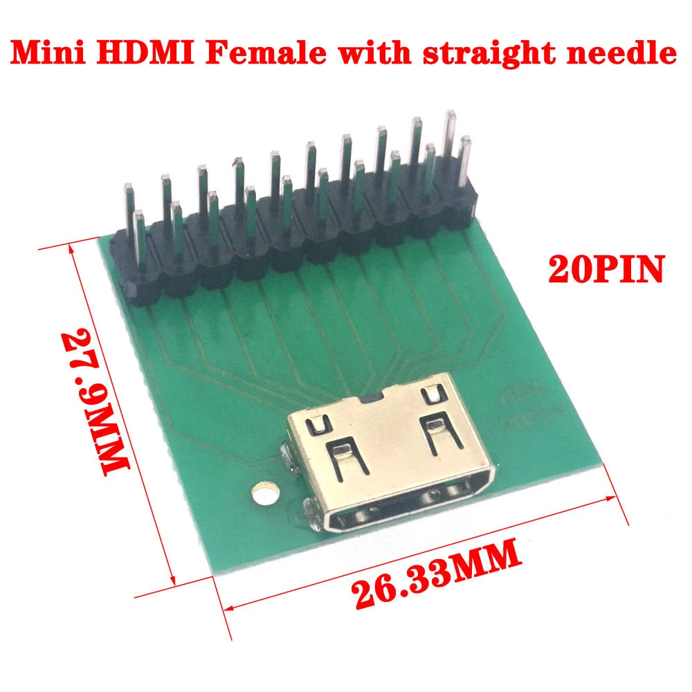 Tomada fêmea Test Board Adapter, Mini-HDMI, 20Pin, Tipo-C com conexão de espaçamento PCB, Interface adaptador, acessório DIY, 1PC