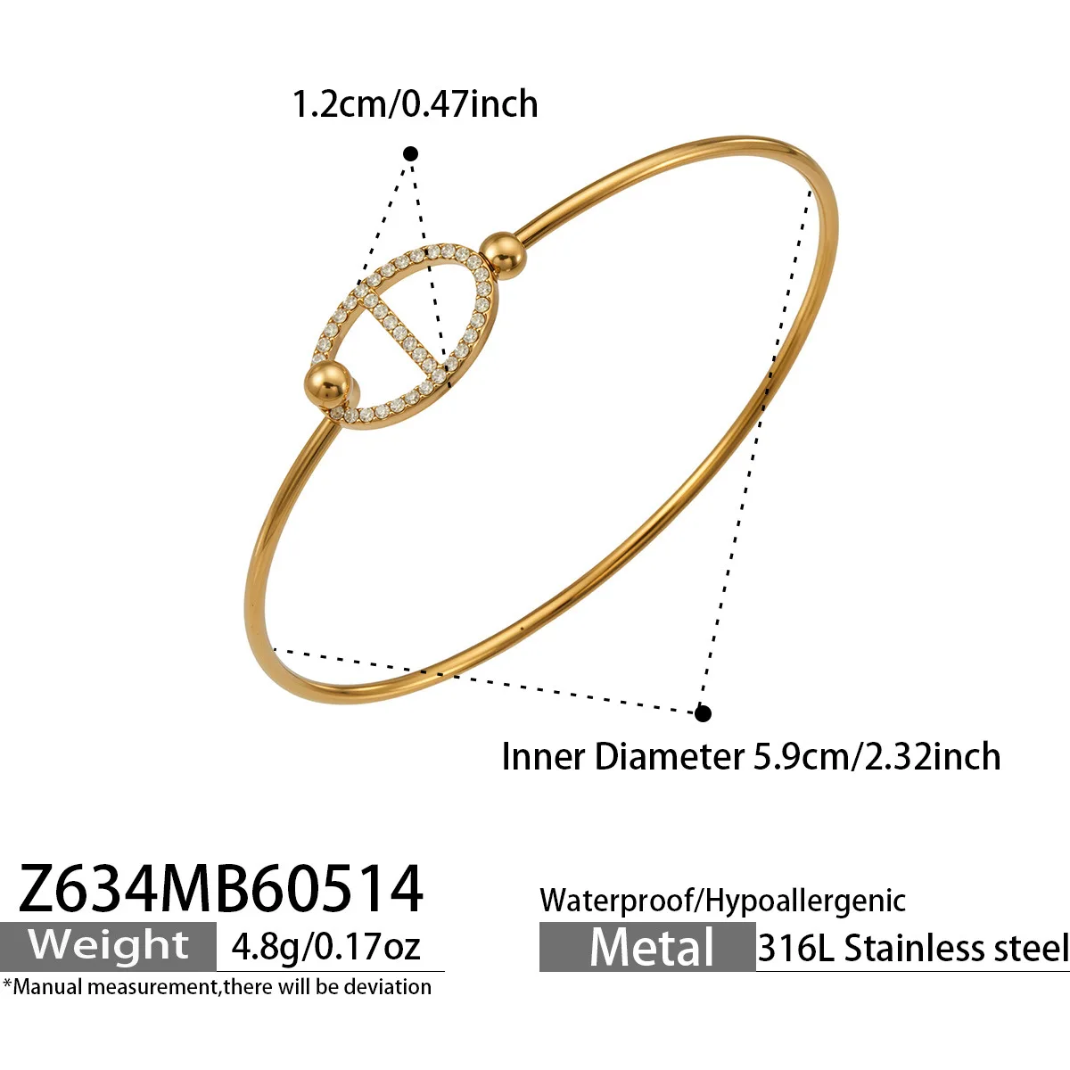 316L Edelstahl 18K vergoldeter Zirkonia-Armreif mit rundem Ring und Herz-Design für Damen, Vintage-Luxus-Schmuck für den Alltag. – Detail 9