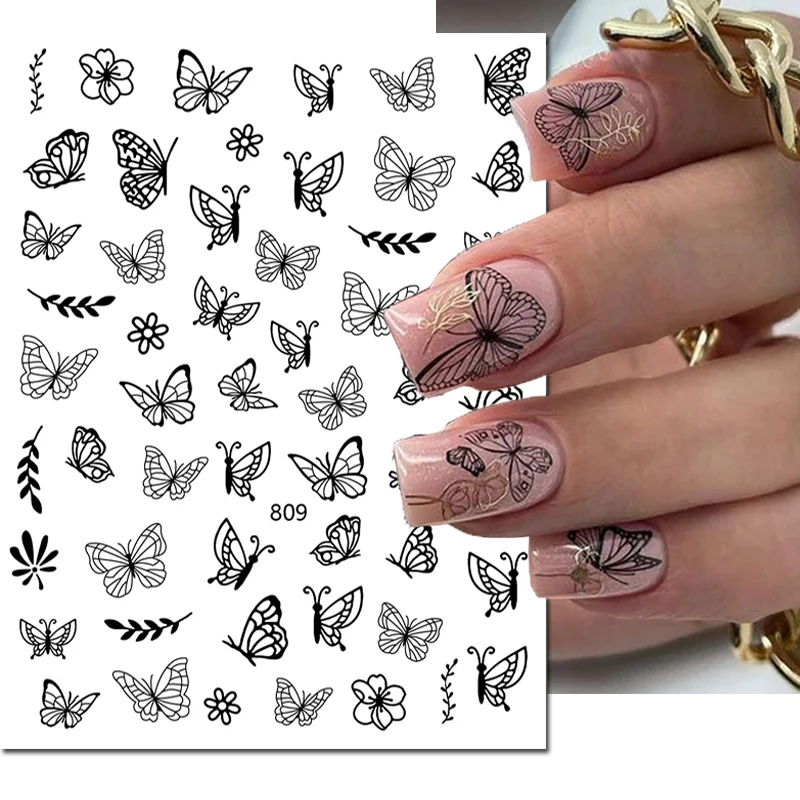 

3d Black Butterflys Spring Colors Flowers Leaves Nail Art Stickers Adhesive Sliders Nail Decals Decoration Manicure Accessories