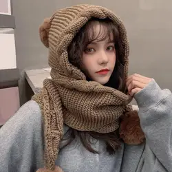 Twist Trim Knitted Scarf Hat Women Novelty Beanies Caps Plush Balls Decor Scarf Hat Casual Plush Hat Windproof Women Winter Caps