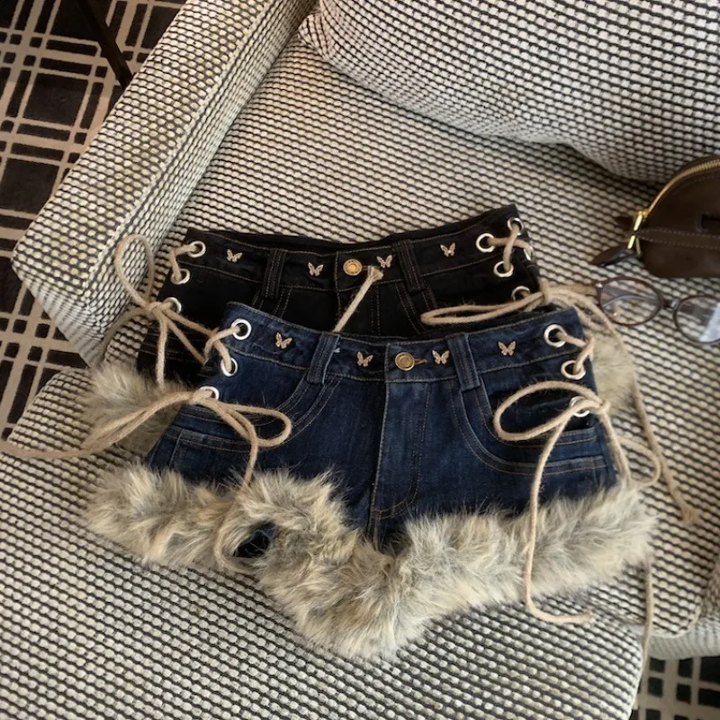 

2026 new retro denim splicing fluffy strap shorts for women