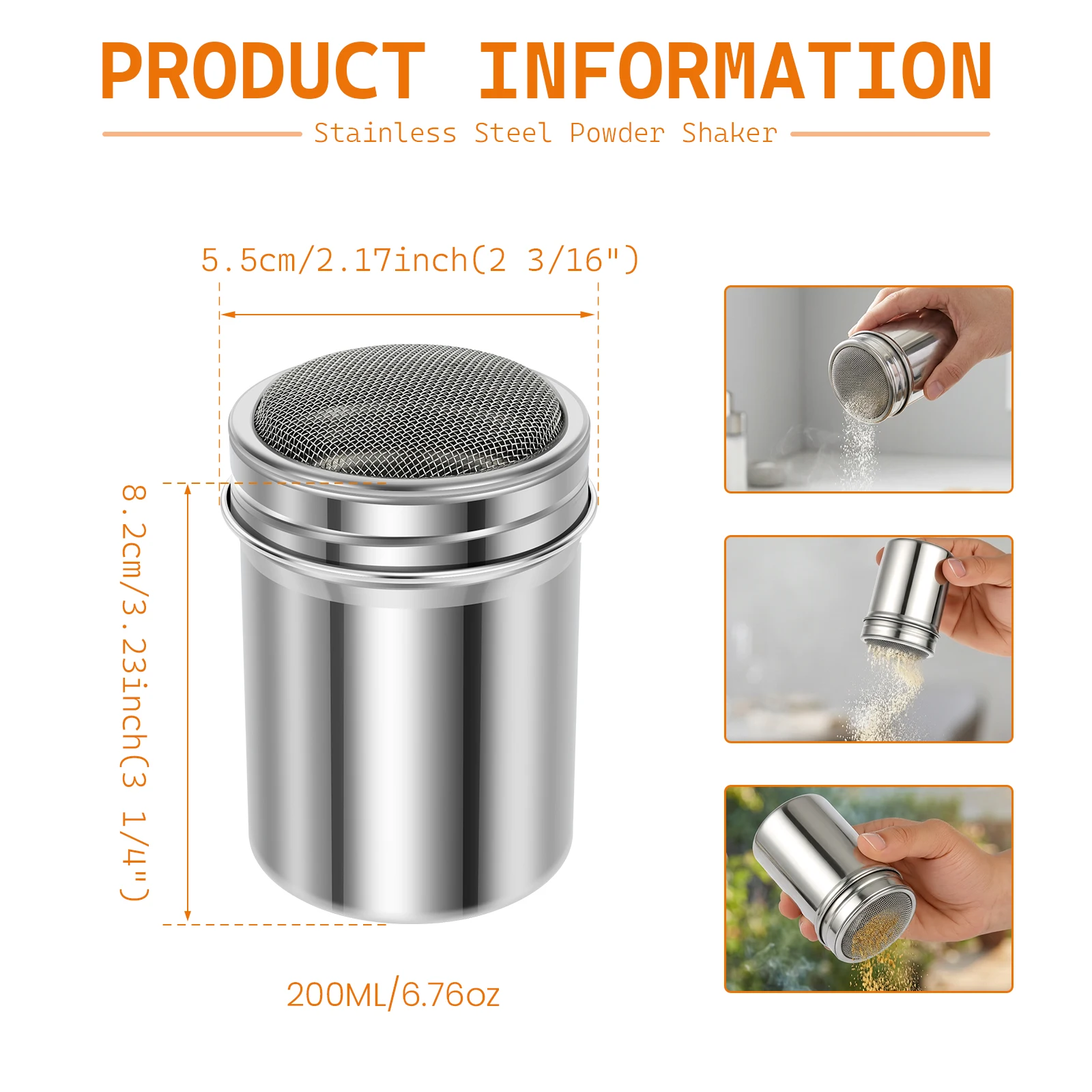 304 Stainless Steel Powder Shaker Fine Mesh Sprinkler Versatile Jar for Fancy Coffee Cocoa Cinnamon Pepper BBQ Seasonings