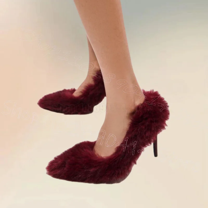 

Burgandy Fur Design Shallow Pointed Toe Pumps Slip On Women Shoes Thin High Heels Fashion Party Banquet 2025 Zapatos Para Mujere