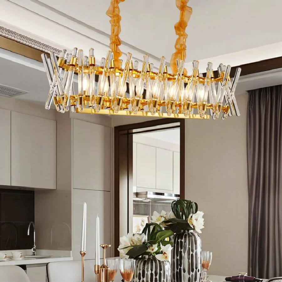 

New crystal chandelier LED creative dining room lamp rectangular villa Nordic modern light luxury crystal lamp