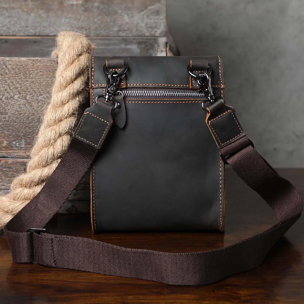 Vintage Echtleder Herren-Umhängetasche aus Crazy-Horse-Leder, Mini-Handytasche für Schlüssel und Karten – Detail 10