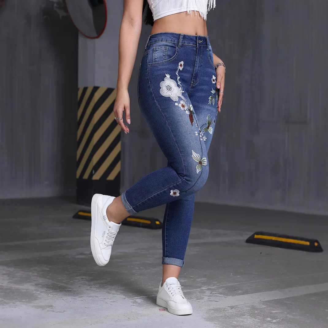

Flower Pot Embroidered Skinny Jeans Slim-fitting Version Elegant Women's Elastic Denim Pants Skinny Pencil Nine-point Pants