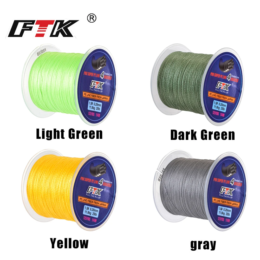 FTK 114M PE Braided Wire Fishing Line 125Yards 4 Strands 0.10mm-0.40mm 8LB-60LB Incredibly Strong Multifilament Fiber Line