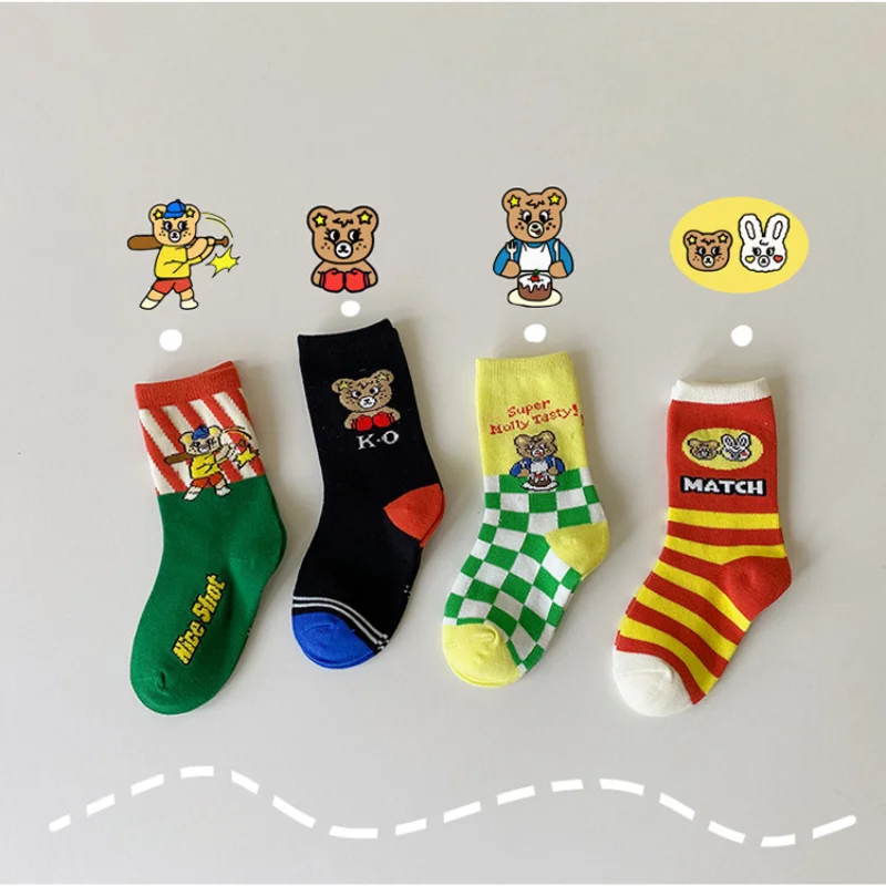 3-12 Years Children 4 Pairs Kids Socks Autumn Winter Korean Fashion Cartoon Cotton Boys Girls Sports Socks