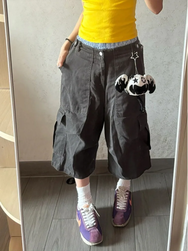 

American High Street Shorts for Women Summer Multiple Pockets Vintage Calf- Length Pants All-match Loose Wide Leg Pants