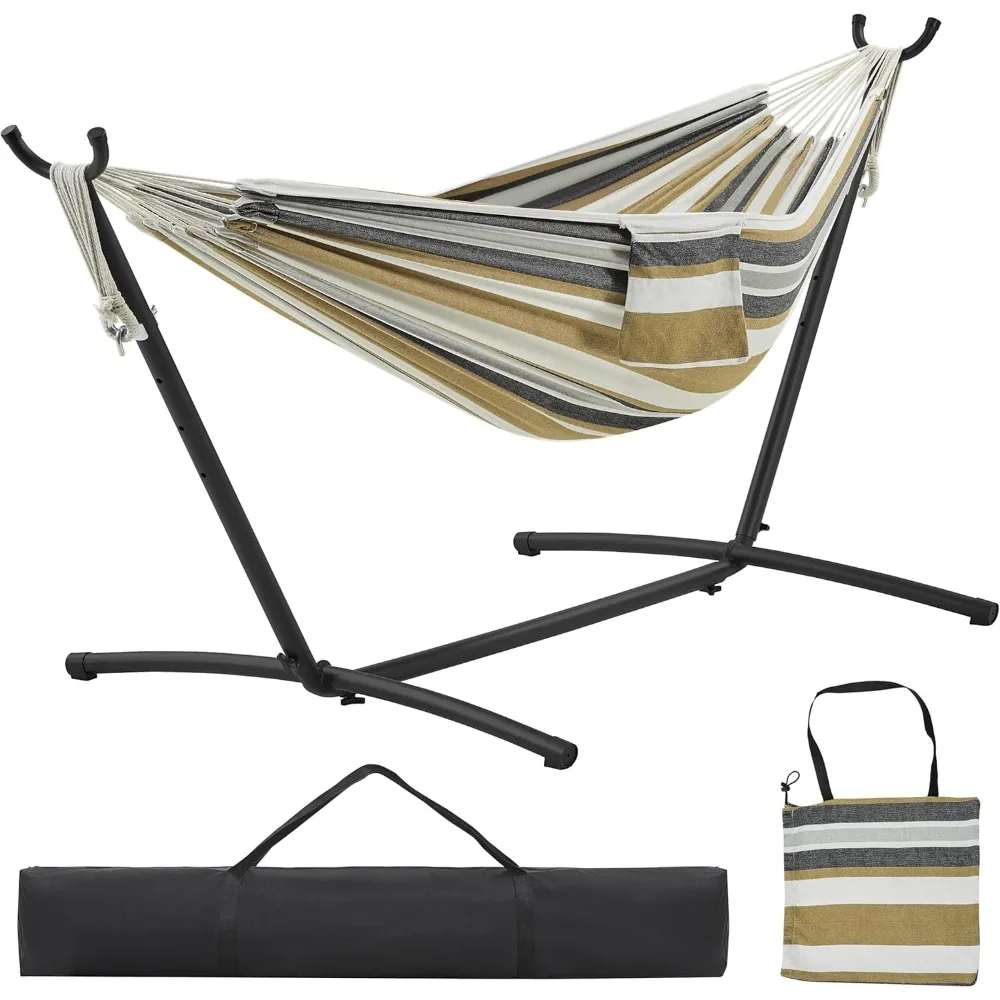 Double Hammock w/Stand, 2-People Hammock & Stand Set w/Storage Bag & Carrying Bag, Outdoor/Indoor Heavy-Duty Portable Hammock