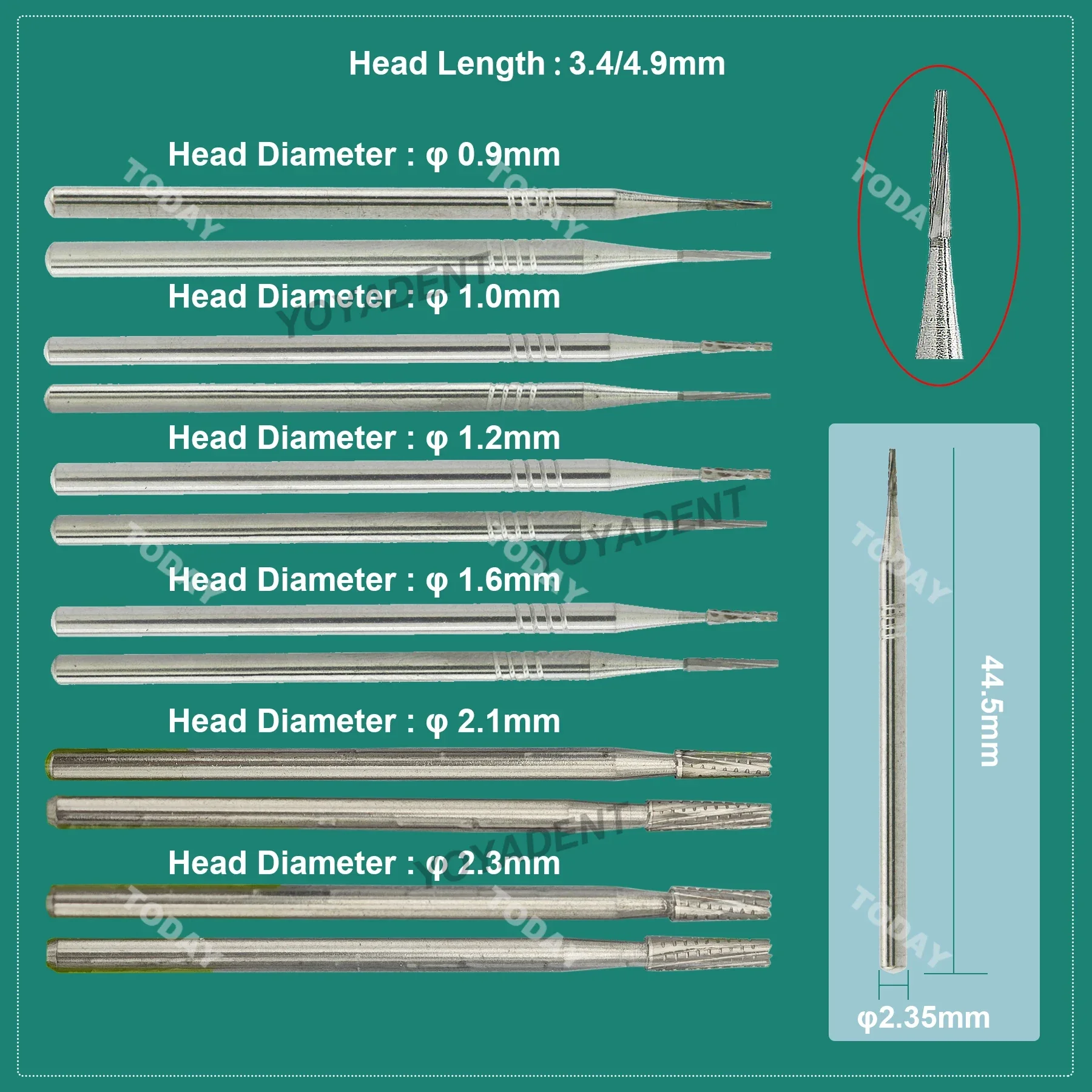 WAVE Dental Bur Tungsten Carbide Burs Tapered Fissure Head Cross Cut HP Dia.2.35mm For Straight Nose Cone Handpiece Strawberries