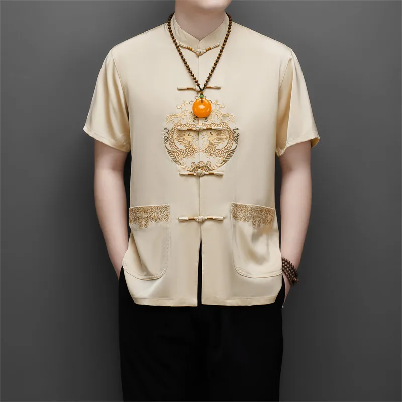 Men's Dragon-Embroidered Silk Shirt Summer Essential Red Navy Beige Short Sleeve Tang Style Tops Oriental Mandarin Collar Tunic