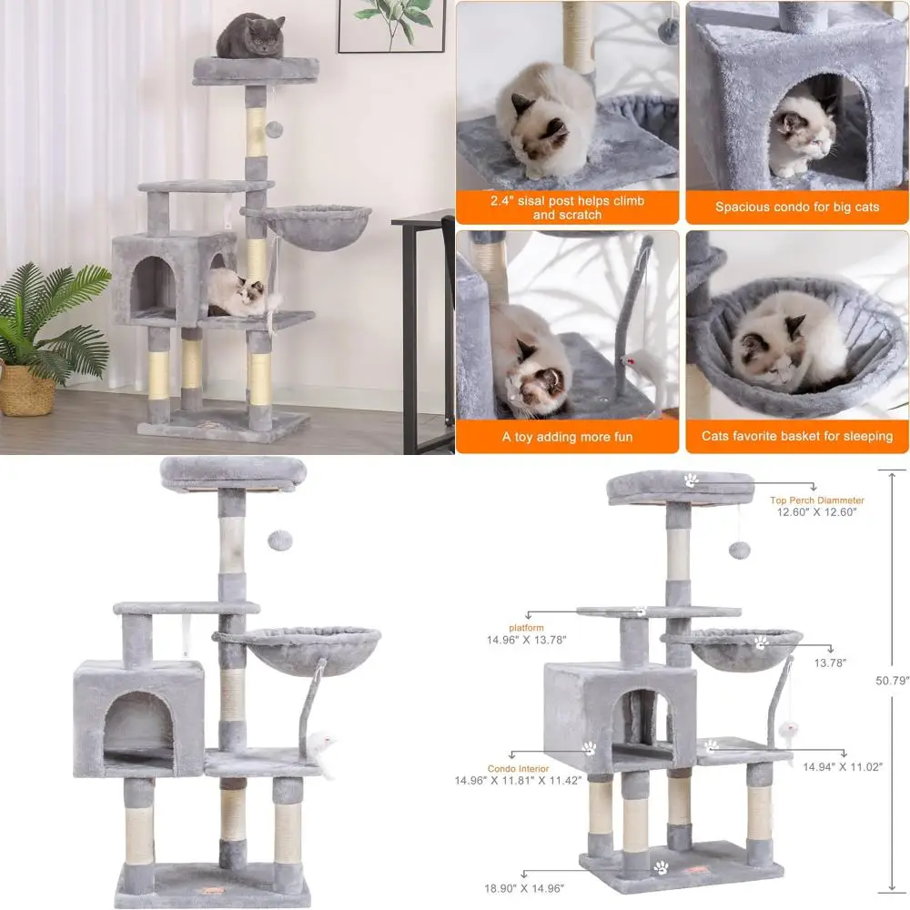 

Indoor Cat Tree with Toys, Padded Perch, Hammock, and Scratching Posts, Light Gray
