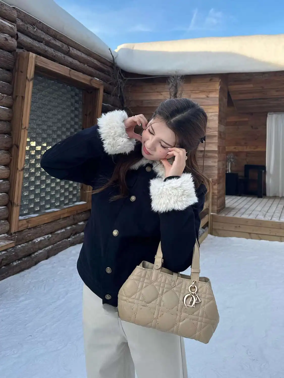Faux Lambswool Patchwork Short Quilted Cotton Jacket Coat Women Retro Slim Navy Blue Padded Coat Female Workwear Style Outerwear