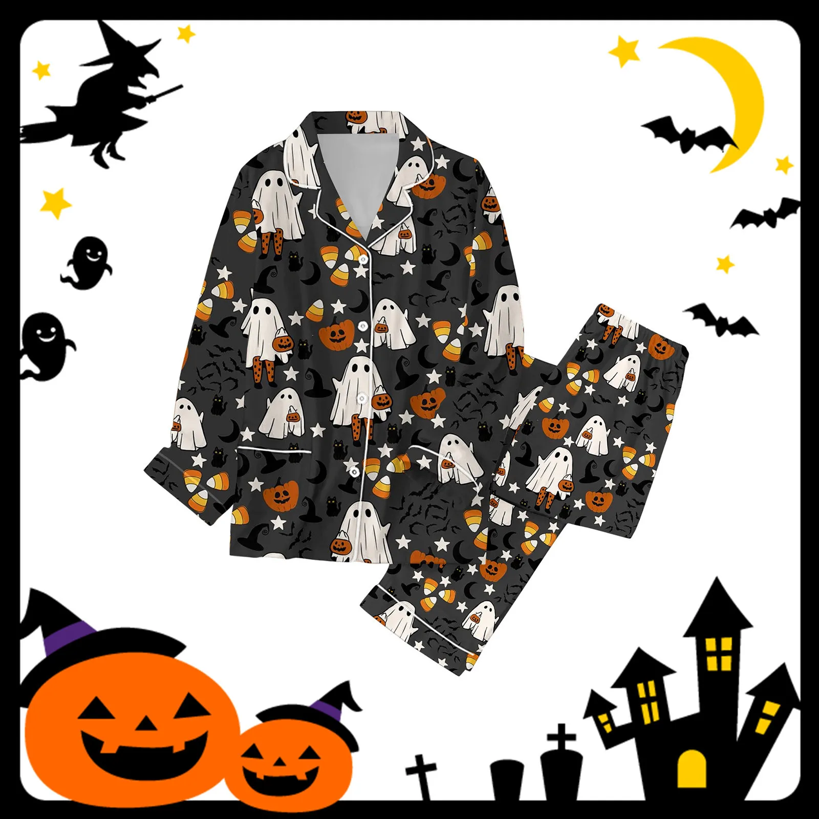 Women Halloween print Pajama For Family Pajamas Matching Set Holiday Pajamas Women\'s Classic Button Down Long pocket Pajamas