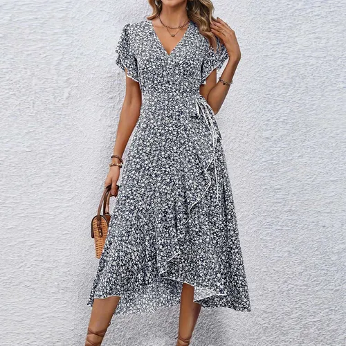 Vestido elegante transpirable de verano para mujer, vestido de estilo sofisticado con cuello en V, estampado Floral, ropa de calle para vacaciones, vestido de manga corta