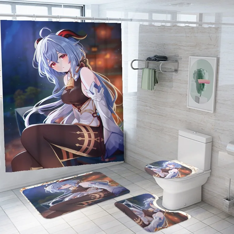 Anime Shower Curtain Genshin Impact 3D Print Bath Mat Set Cartoon Kawaii Loli Girl Bath Curtain Anime Bathroom Toilet Kid Gift