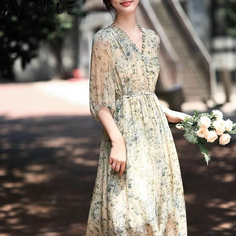 AYUNSUE 100% 天然シルク女性ドレスグリーン春夏ドレス草原シックなロングドレス女性服 Roupas Feminina