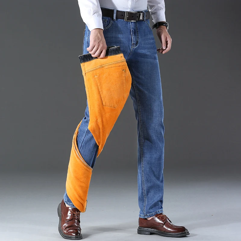 2026 Mens Winter High-quality Famous Brand Fleece Pants Straight Trousers Denim Jean Winter Thermal Warm Flannel Stretch Jeans