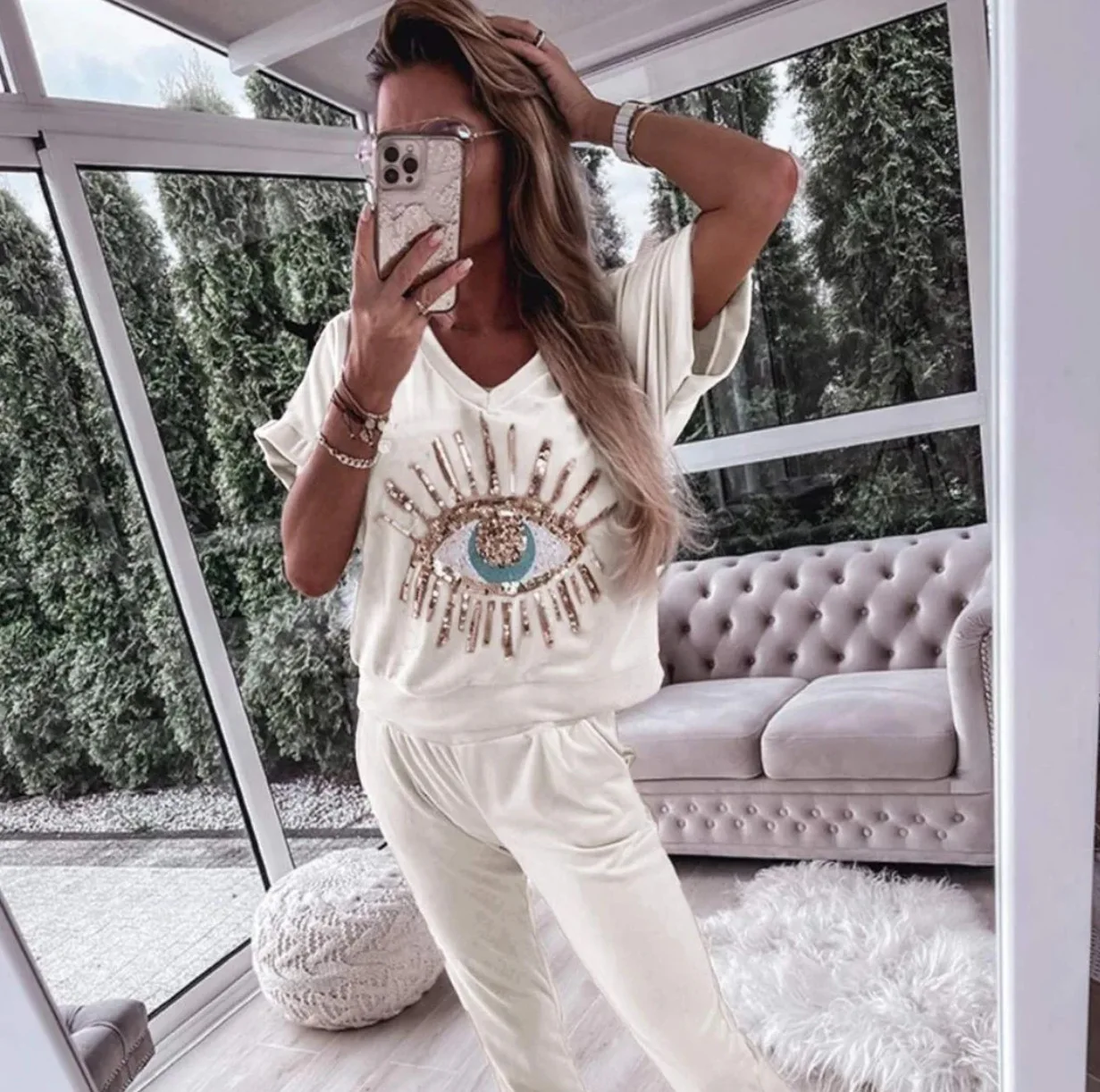 Two Piece Sets Womens Outifits 2024 Women's Summer Fashion V-Neck Evil Eye Glitter Pattern Short Sleeve Pants Fashion Casual Set