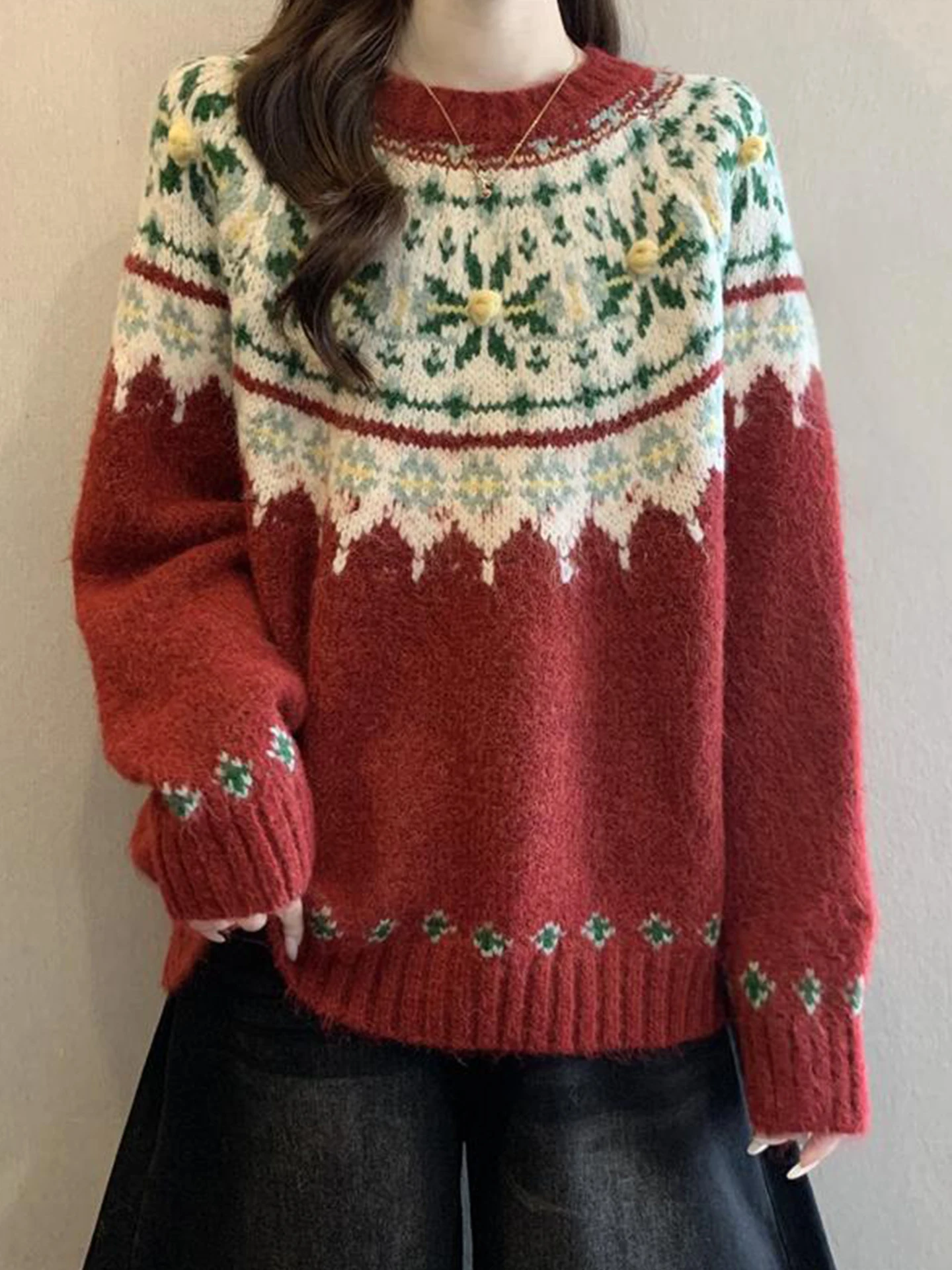 

Новый красный вязаный свитер Cisas для женщин, осенне-зимний, больших размеров, с красивым узором Fair Isle, вязаный топ