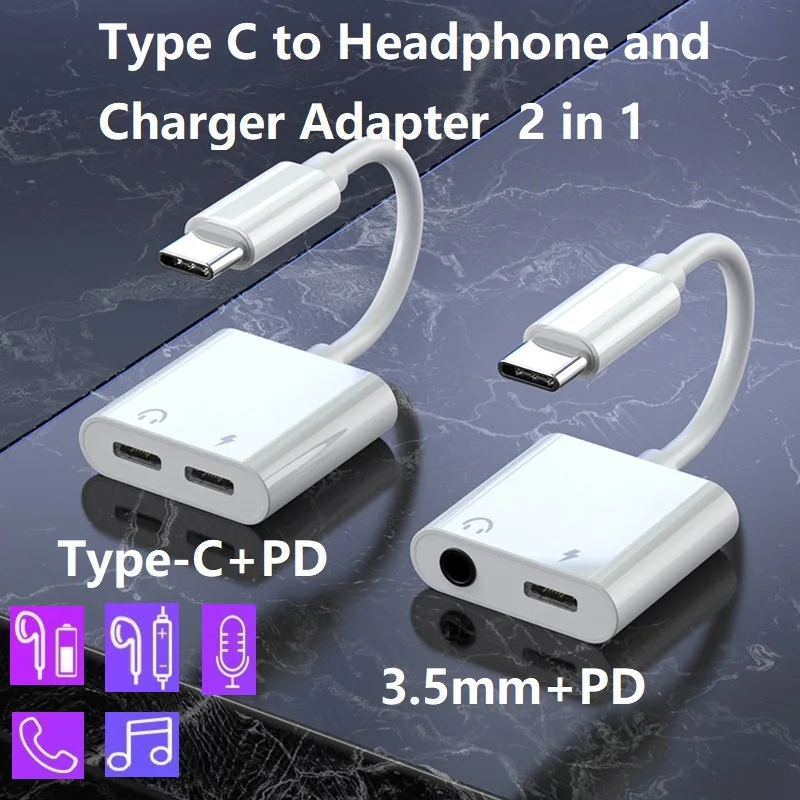 USB C to 3.5mm Headphone and Charger Adapter 2 in 1 Type C to Audio Jack with PD Charging Dongle for Samsung Xiaomi Huawei