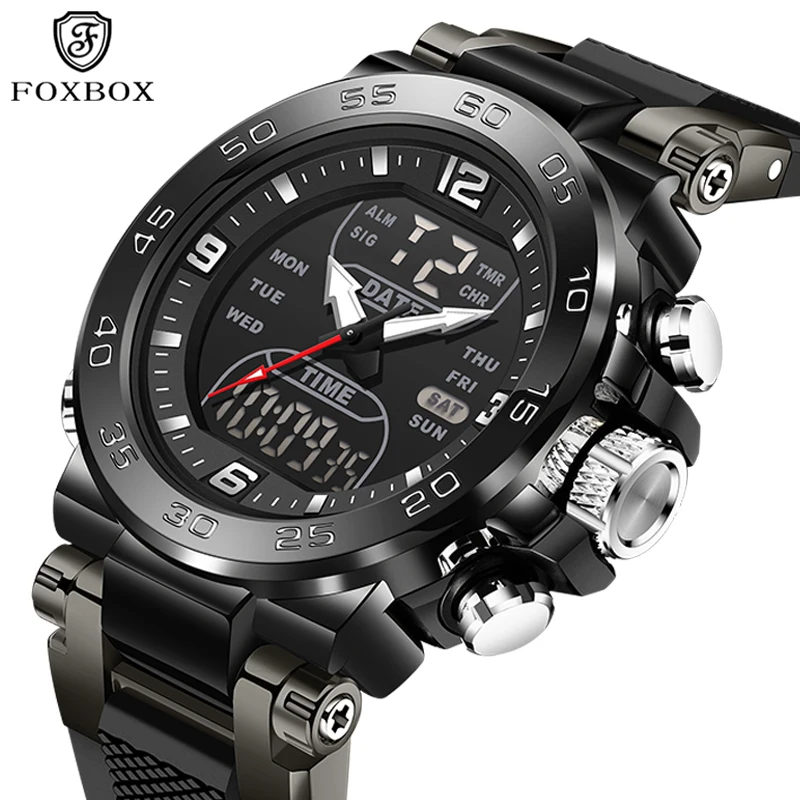 

FOXBOX лучший бренд класса люкс мужские светящиеся военные спортивные кварцевые двойные водонепроницаемые мужские наручные часы с датой и неделей reloj hommes + коробка