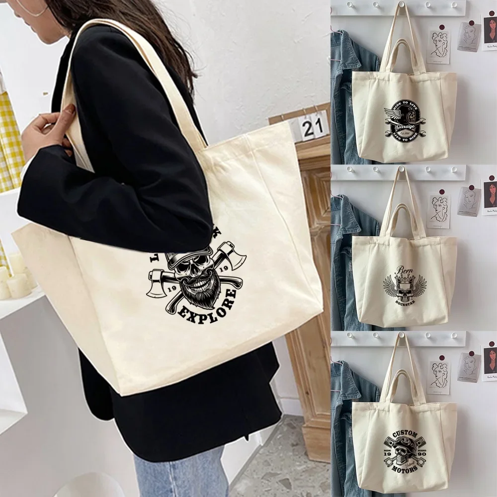 

Fashion Handbags Shoulder Bags Casual Shopping Girls Handbag Shopper Women Canvas Skull Printed Large Capacity Grocery Bag
