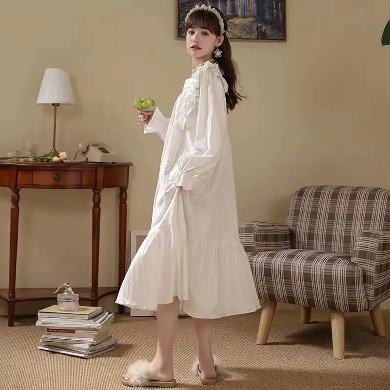 Lace Women Nightgown Korean Sleepwear Square Collar Nightwear Solid One Piece Pajamas Ruffles Autumn Sleeping Night Dress New