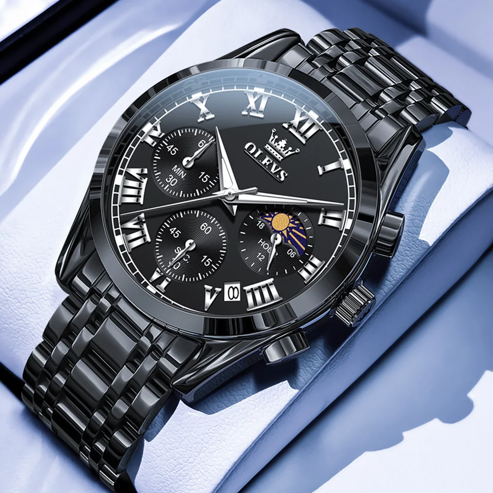 

OLEVS Высокое качество оригинальные черные стальные мужские часы с хронографом водостойкие светящиеся дата роскошные мужские кварцевые часы из нержавеющей стали