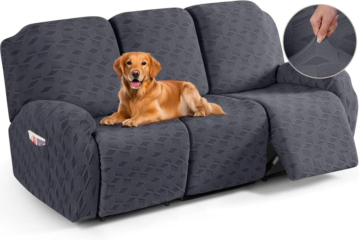 

Stretch Recliner Sofa Cover, Jacquard Fabric for 3-Seat Couch Protection with Elastic Bottom, Dark Grey